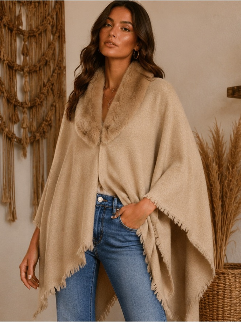 Beige Faux Fur-Trim Sweater Wrap